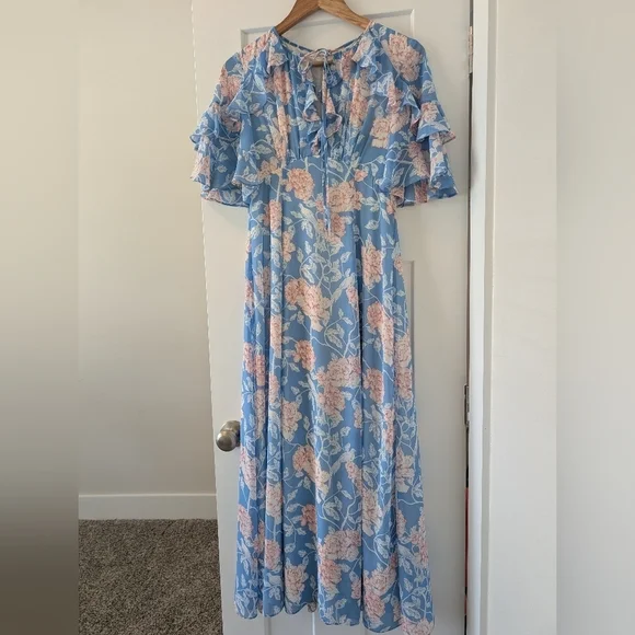 Gal Meets Glam Maxi Blue Pink Floral Shelby Dress Tie Neck Size 4 - Picture 5 of 10